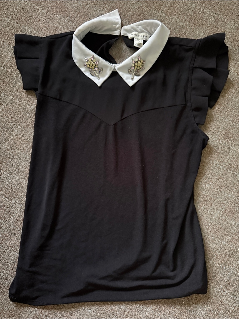 Faith and Joy Black Blouse with Embellished White Peter Pan Collar